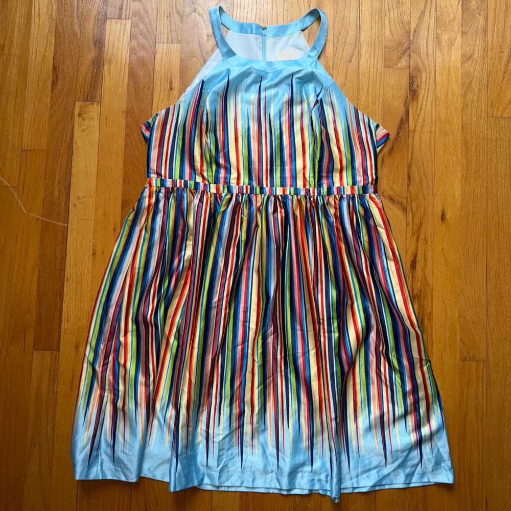 ModCloth 2X Halter Dress Blue Multi‎ Color Vertical Stripe Satin Party Rainbow